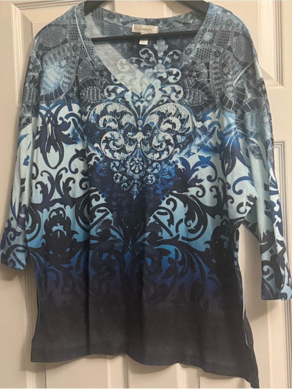 Dressbarn Blue Ombre Embellished V-Neck Long Sleeve Top